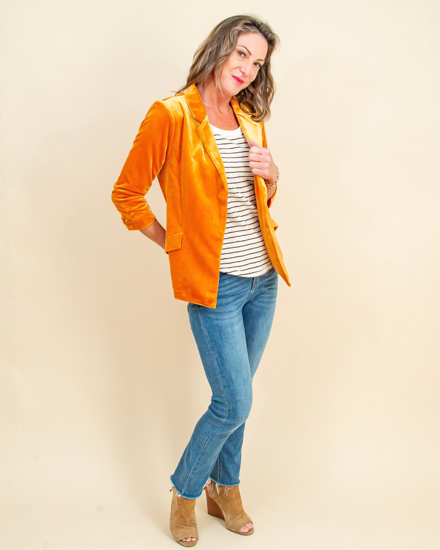 You're So Rare Velvet Blazer in Golden Mustard (9090309619963)