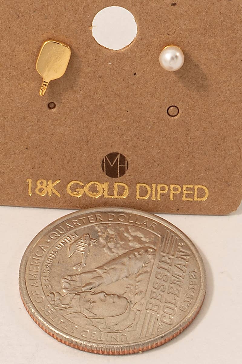 Gold Dipped And Pearl Pickle Ball Stud Earrings: G (9090436301051)