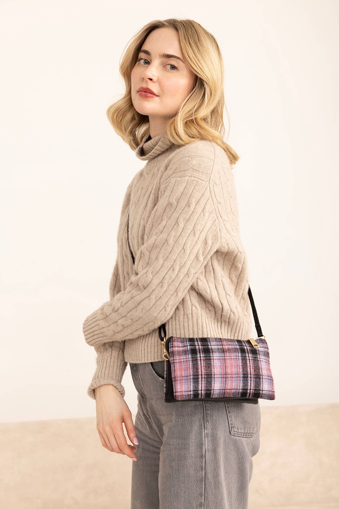 M013PLD Riley Plaid Monogrammable 3 Compartment Crossbody/Wristlet: Navy (9089761837307)