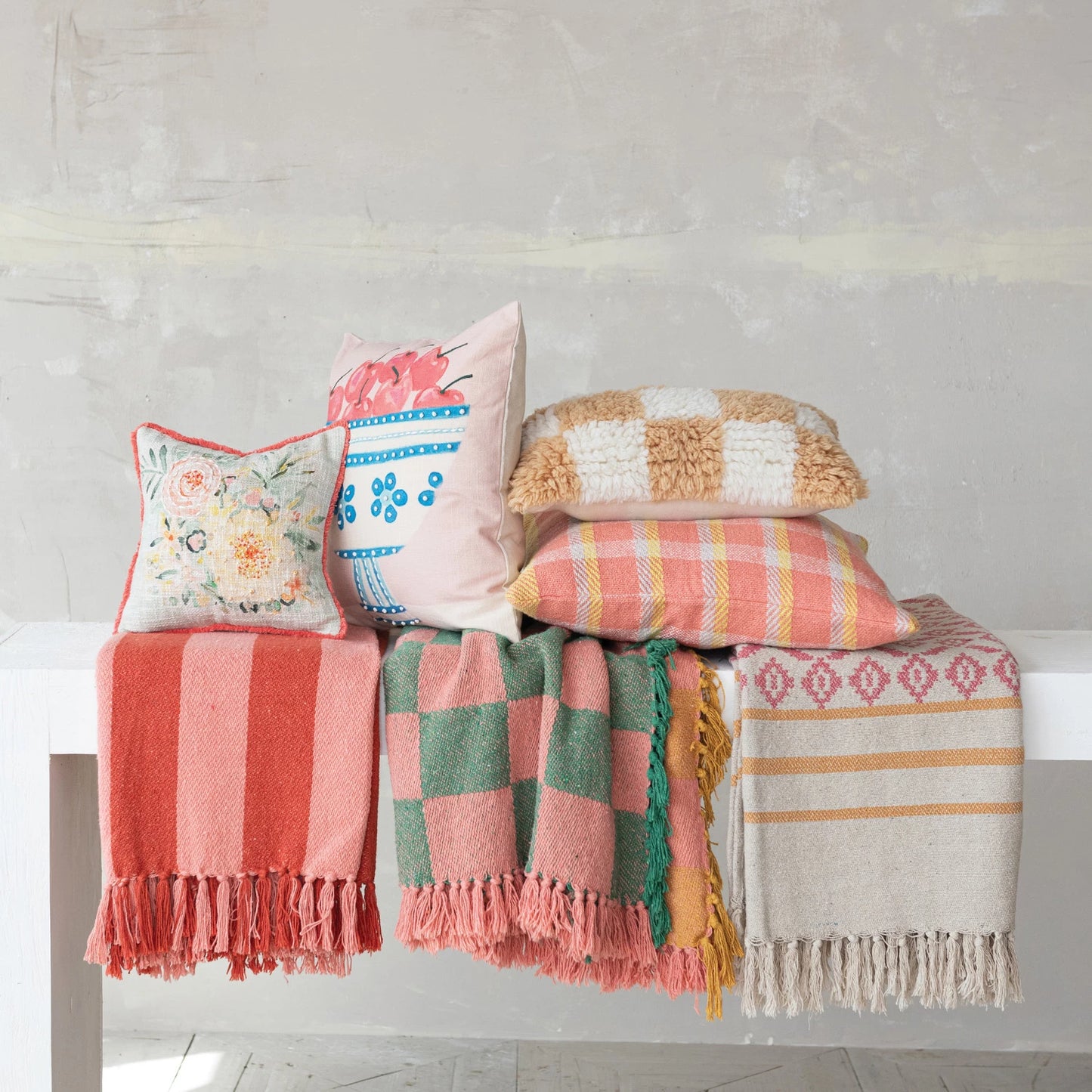 Woven Recycled Cotton Blend Throw with Stripes & Fringes (8966036816123)