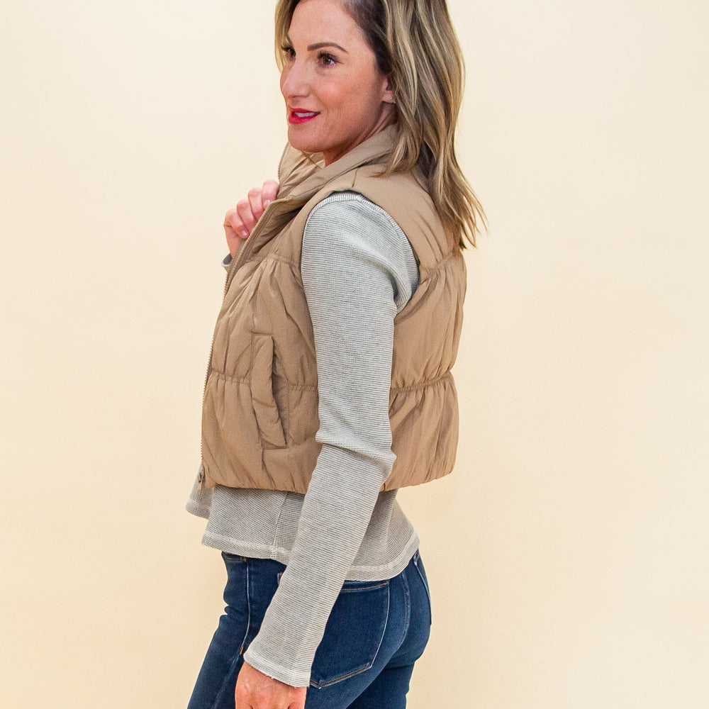 Coffee Run Crop Puffer Vest in Mocha (8769058898171)