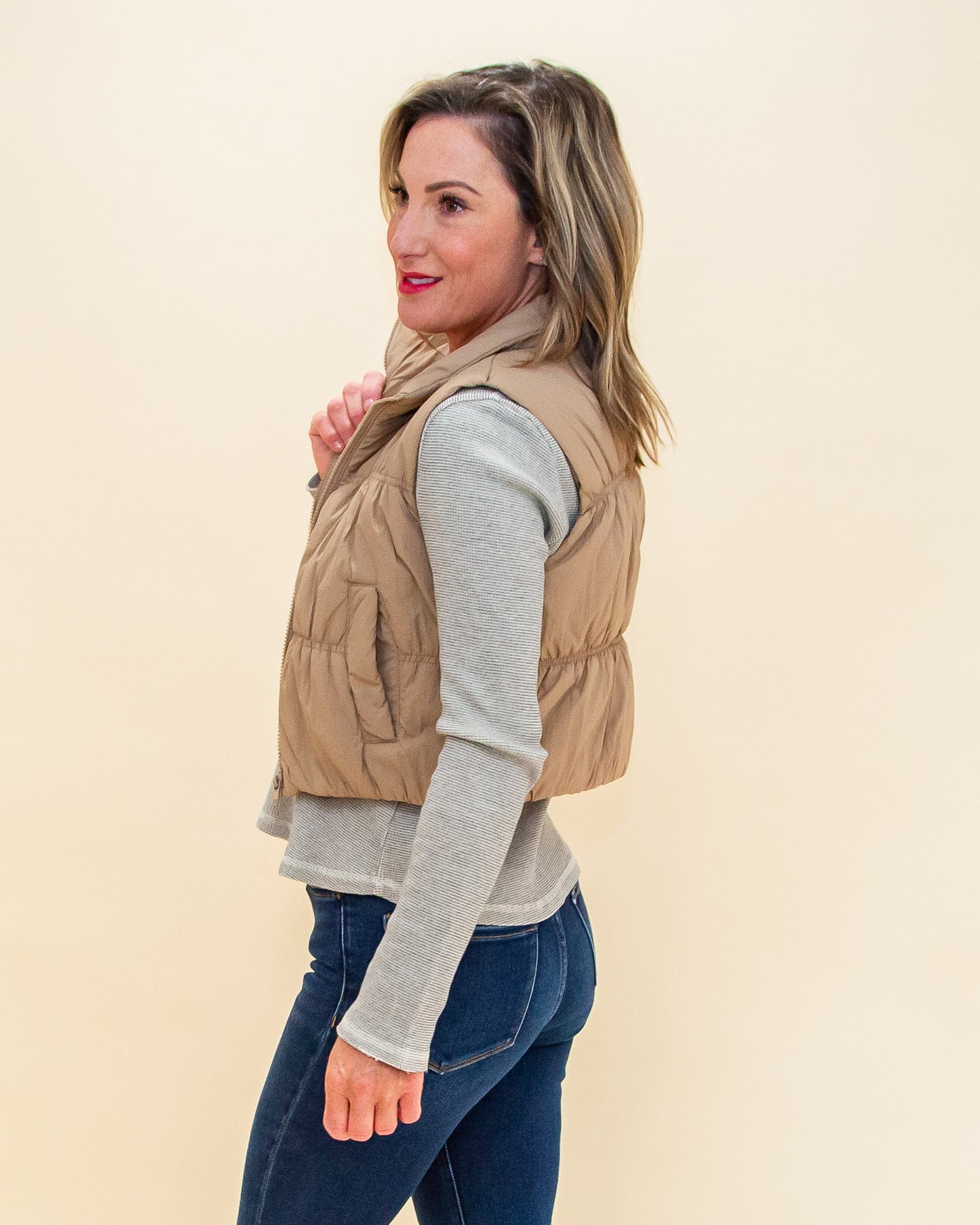 Coffee Run Crop Puffer Vest in Mocha (8769058898171)