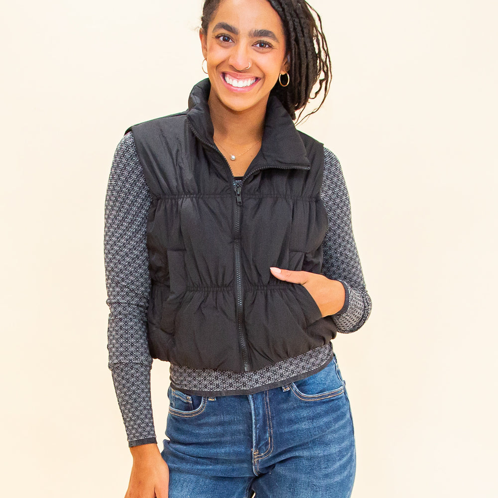 Coffee Run Crop Puffer Vest in Black (8769058865403)