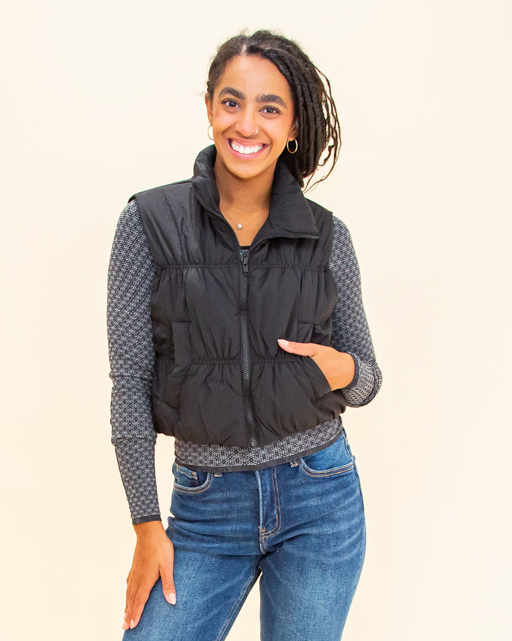 Coffee Run Crop Puffer Vest in Black (8769058865403)