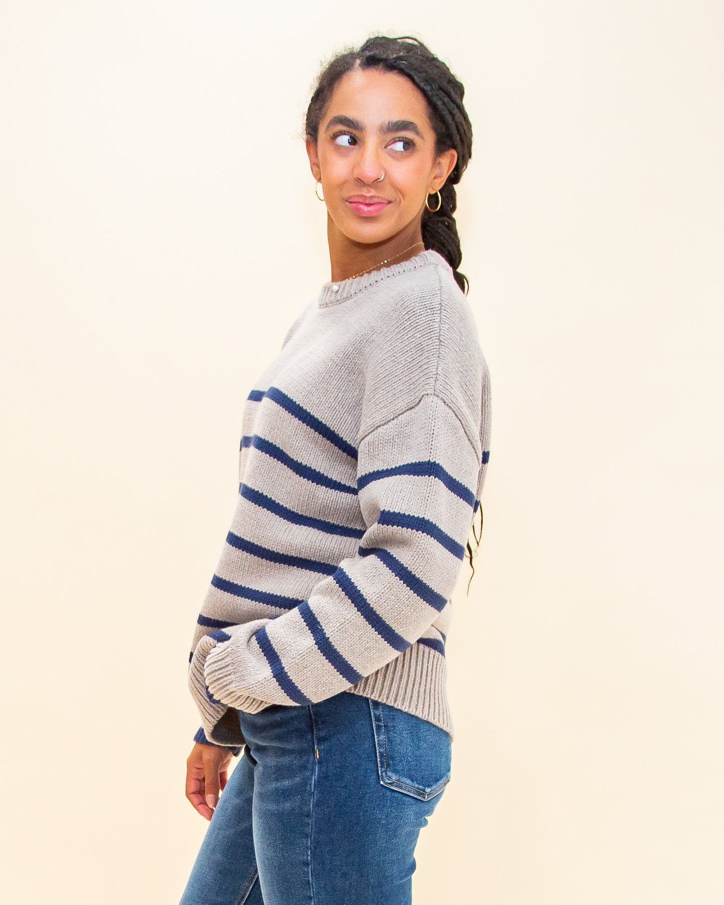 Boyfriend Stripe Sweater in Heather Taupe (8323545334011)