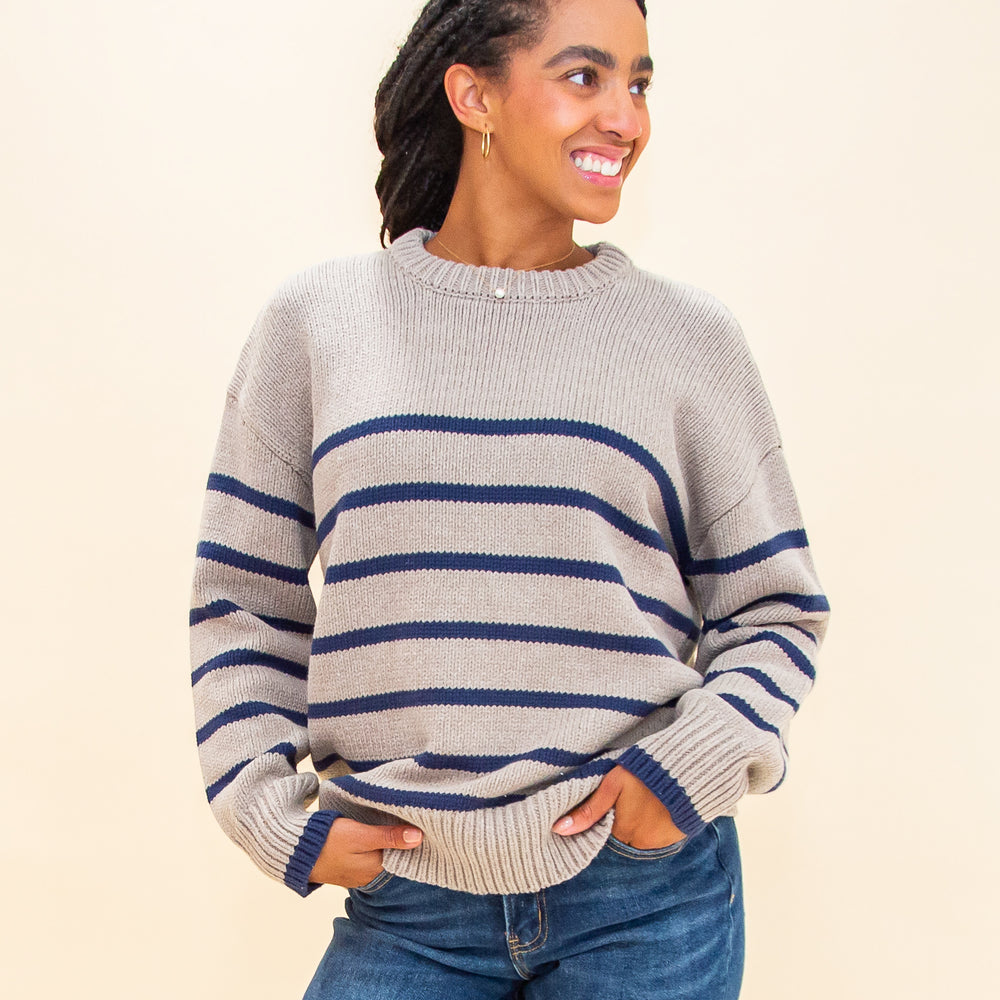 Boyfriend Stripe Sweater in Heather Taupe (8323545334011)