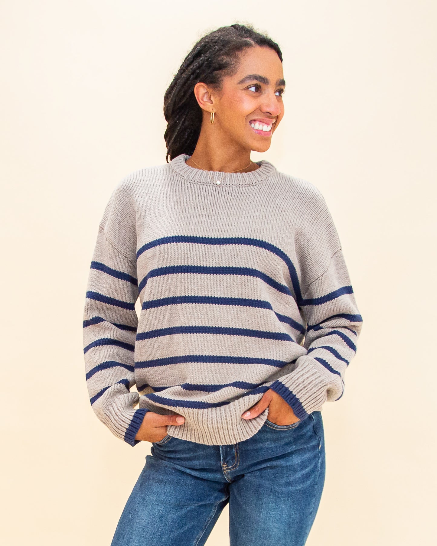 Boyfriend Stripe Sweater in Heather Taupe (8323545334011)