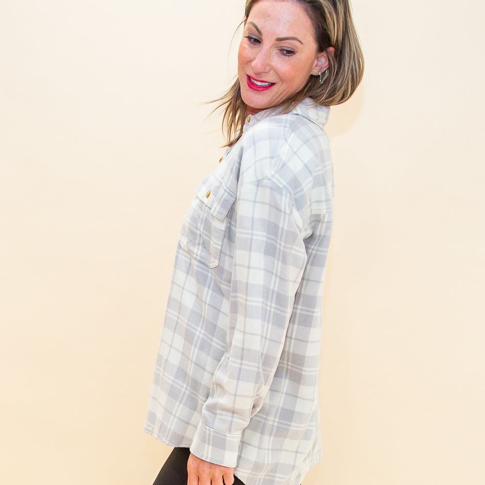 Fall Is Near Light Flannel Shacket in Heather Grey (8768867533051)