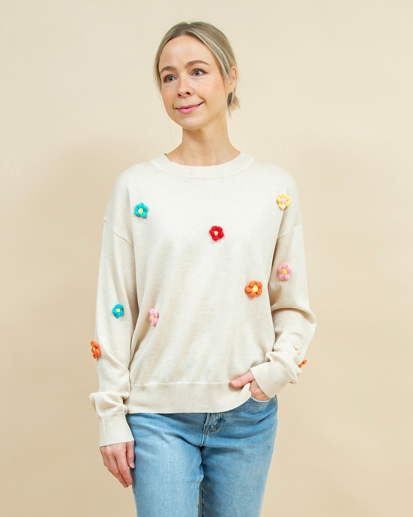 Flower Patch Sweater in Cream (8912379019515)