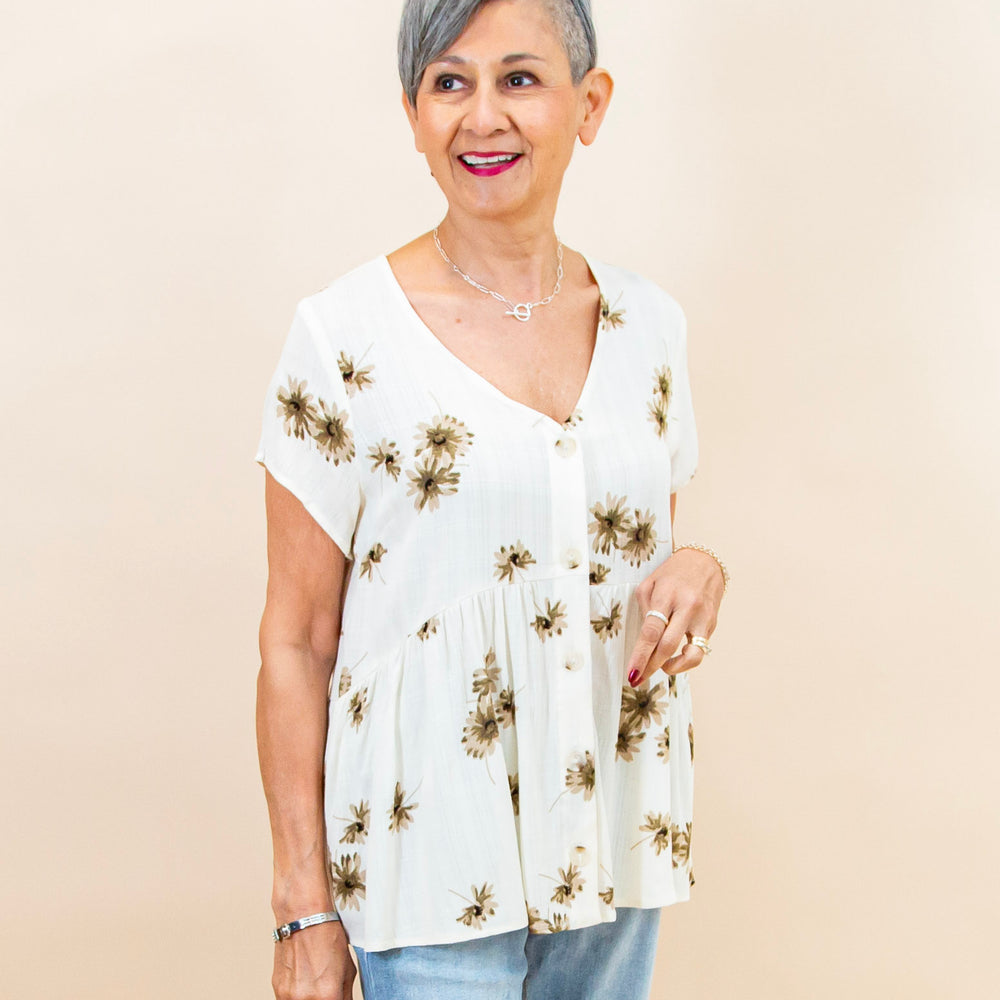Soft Arrangement Top in Ivory/Taupe Floral (8954605076731)