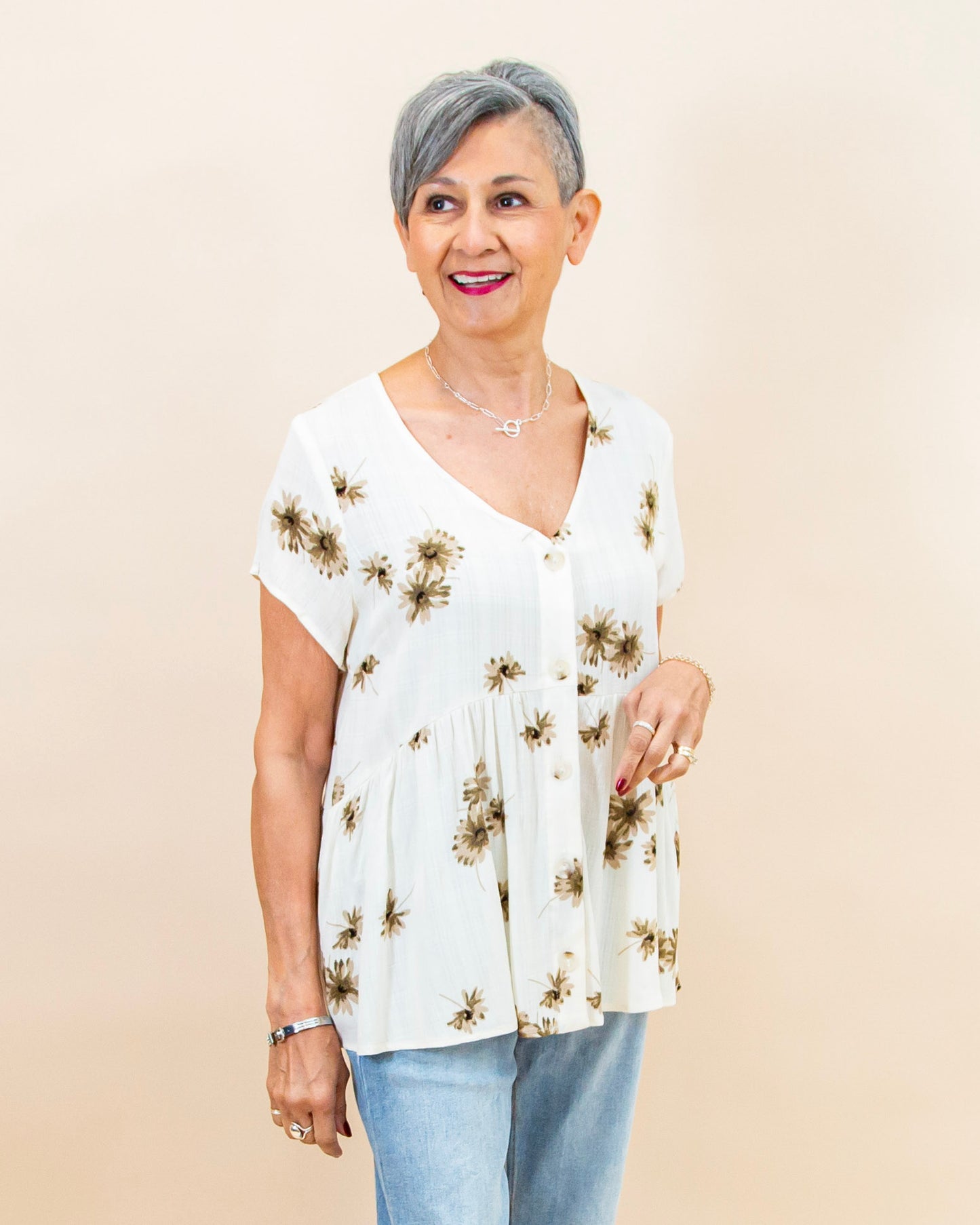 Soft Arrangement Top in Ivory/Taupe Floral (8954605076731)