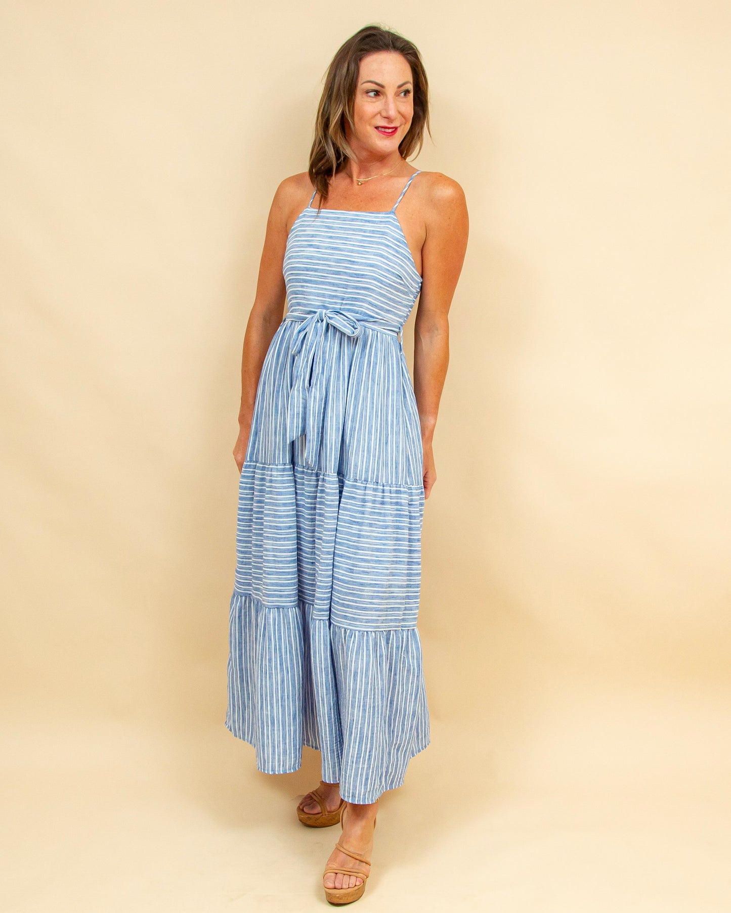 Seaside Stroll Maxi Dress in Blue/White Stripe (8965989040379)