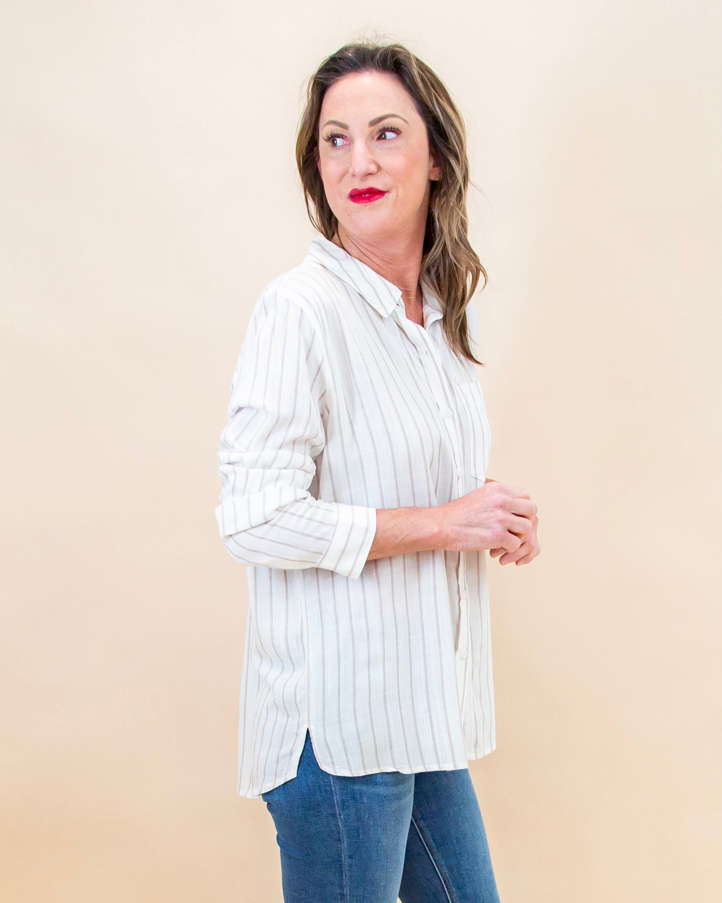 Settled in Stripes Top in Taupe (8992696140027)
