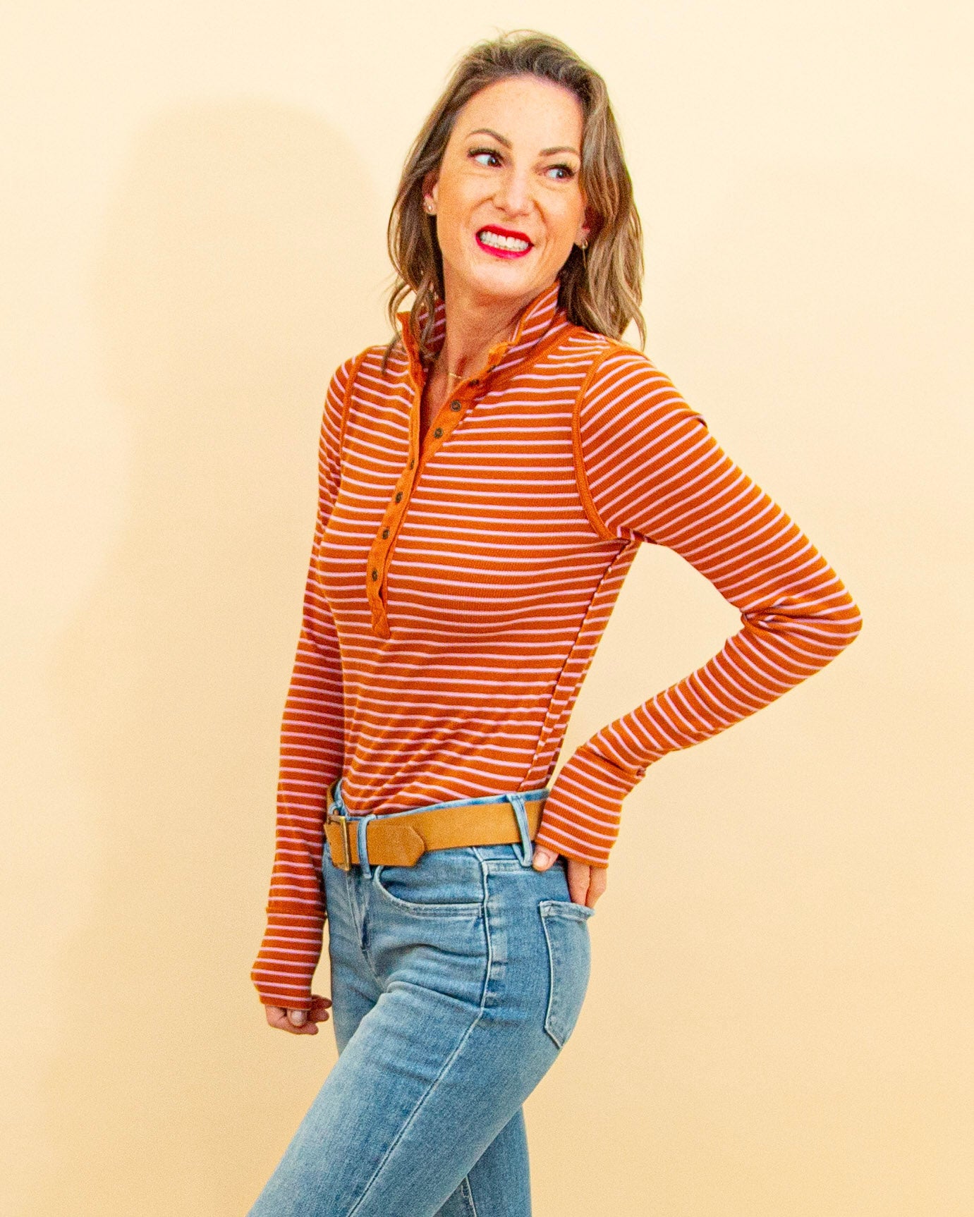 Lake Henley Stripe Top in Cinnamon Combo (9105599463675)