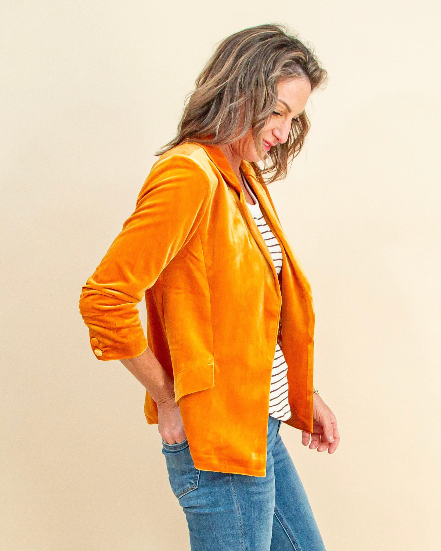 You're So Rare Velvet Blazer in Golden Mustard (9090309619963)