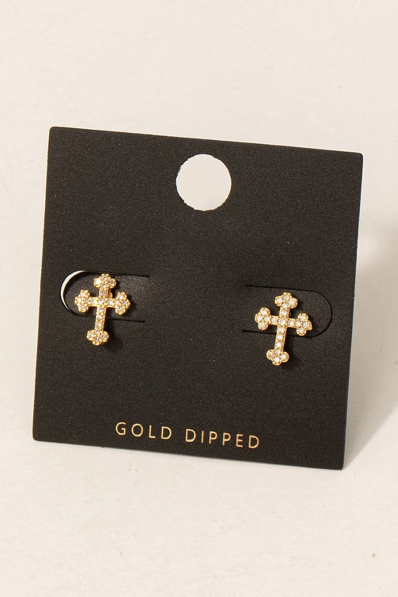 Gold Dipped Cz Ornate Cross Stud Earrings (8841339797755)