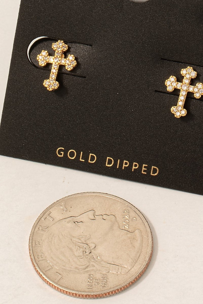 Gold Dipped Cz Ornate Cross Stud Earrings (8841339797755)