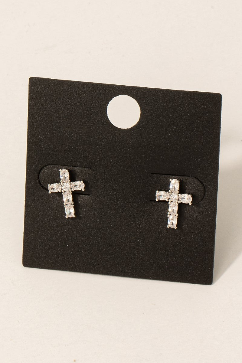 Gold Dipped Cz Studded Cross Stud Earrings (8841333047547)