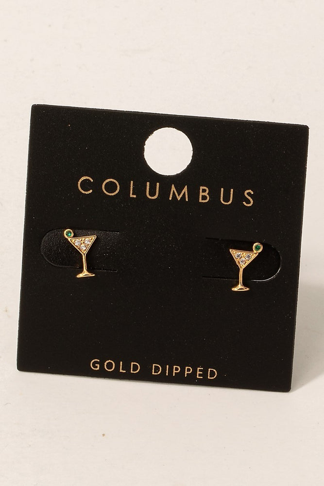 Gold Dipped Cz Pave Martini Glass Stud Earrings (8841340420347)