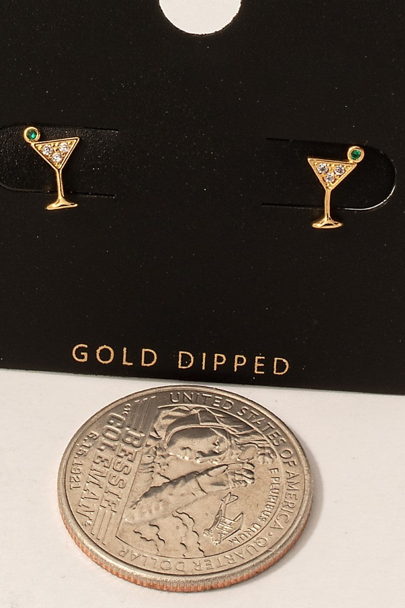 Gold Dipped Cz Pave Martini Glass Stud Earrings (8841340420347)