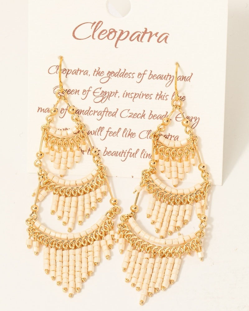 Tiered Seed Beaded Fringe Dangle Earrings in Ivory (8852697481467)