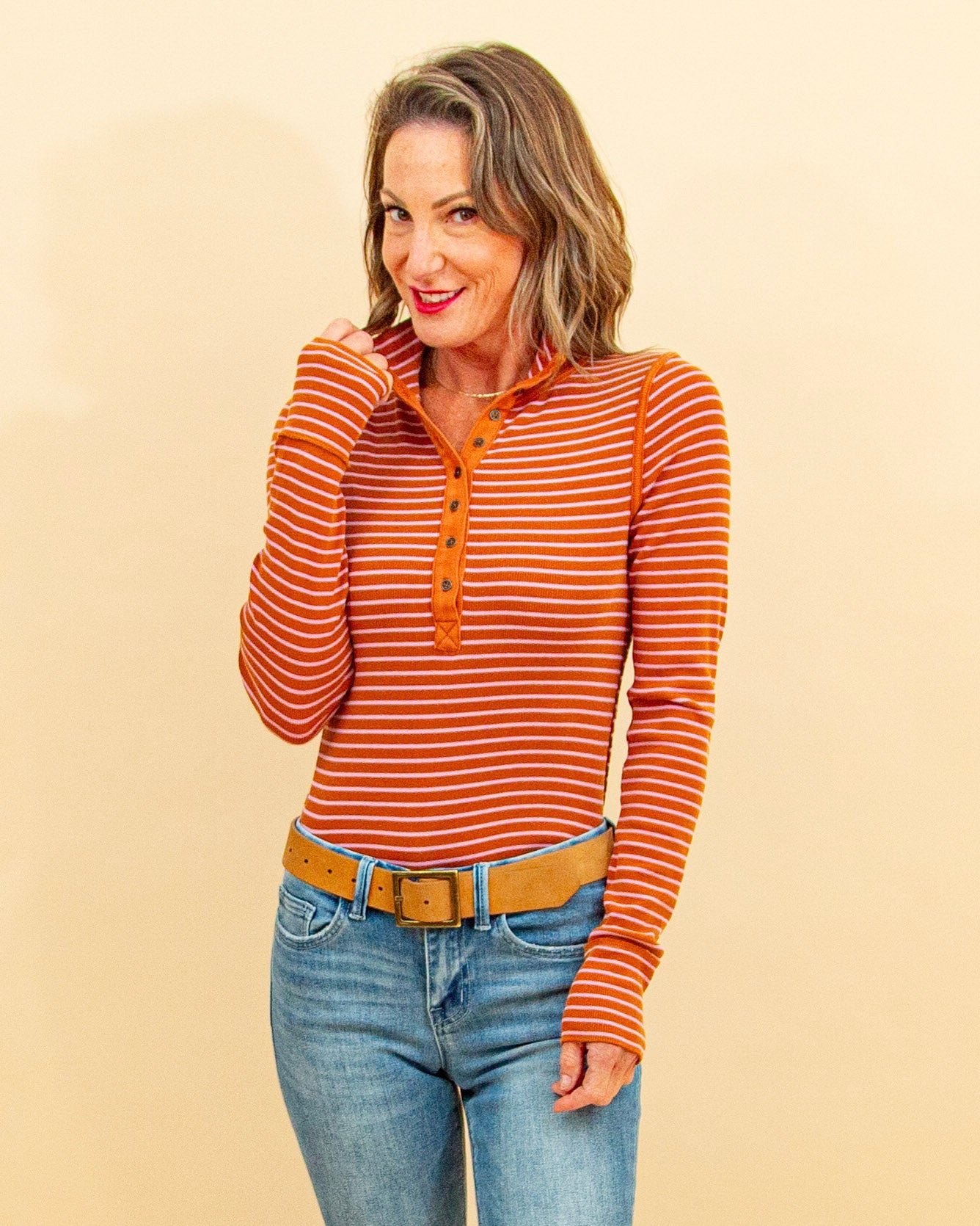 Lake Henley Stripe Top in Cinnamon Combo (9105599463675)