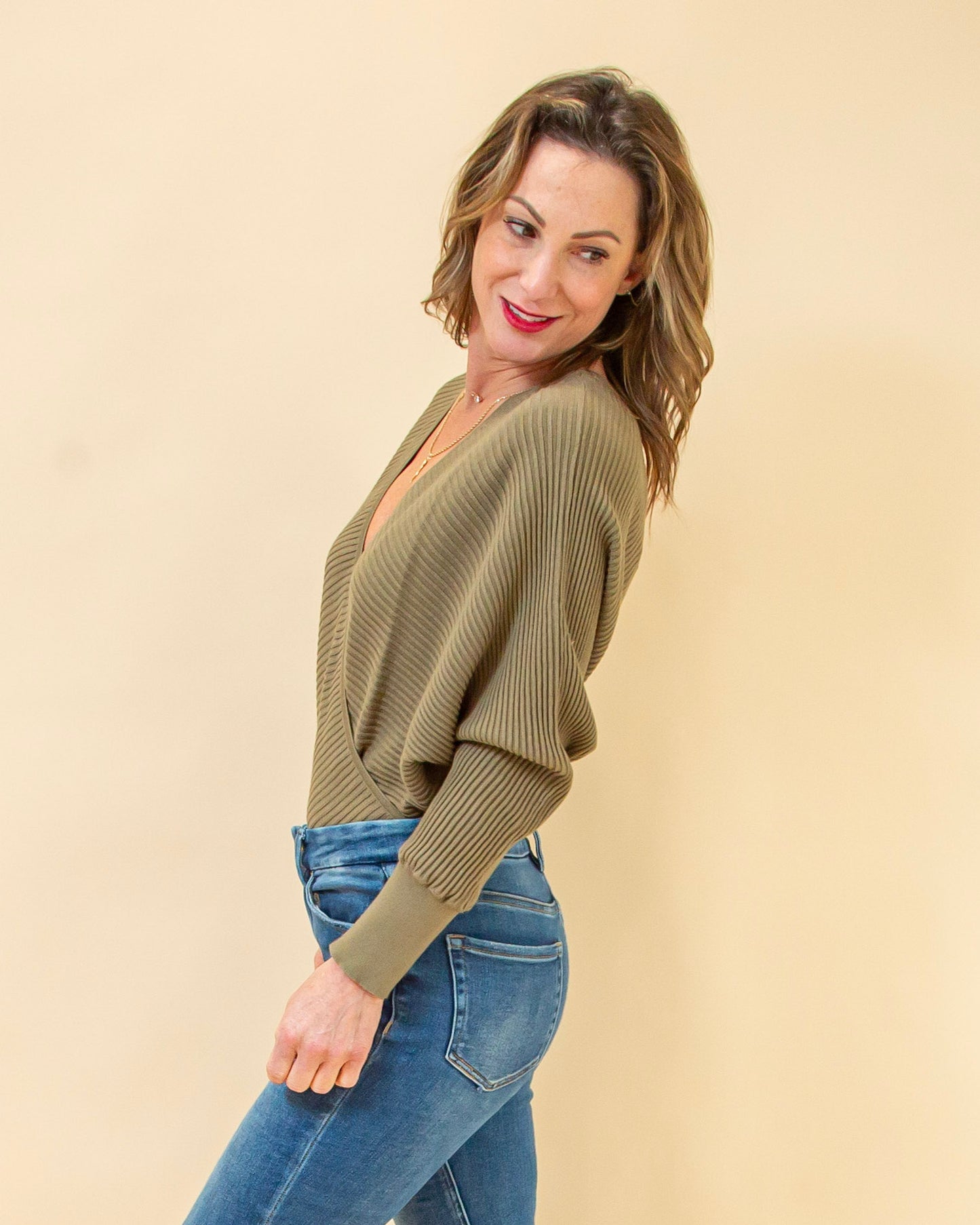 Wrap It Up Sweater Bodysuit in Olive (8940314099963)