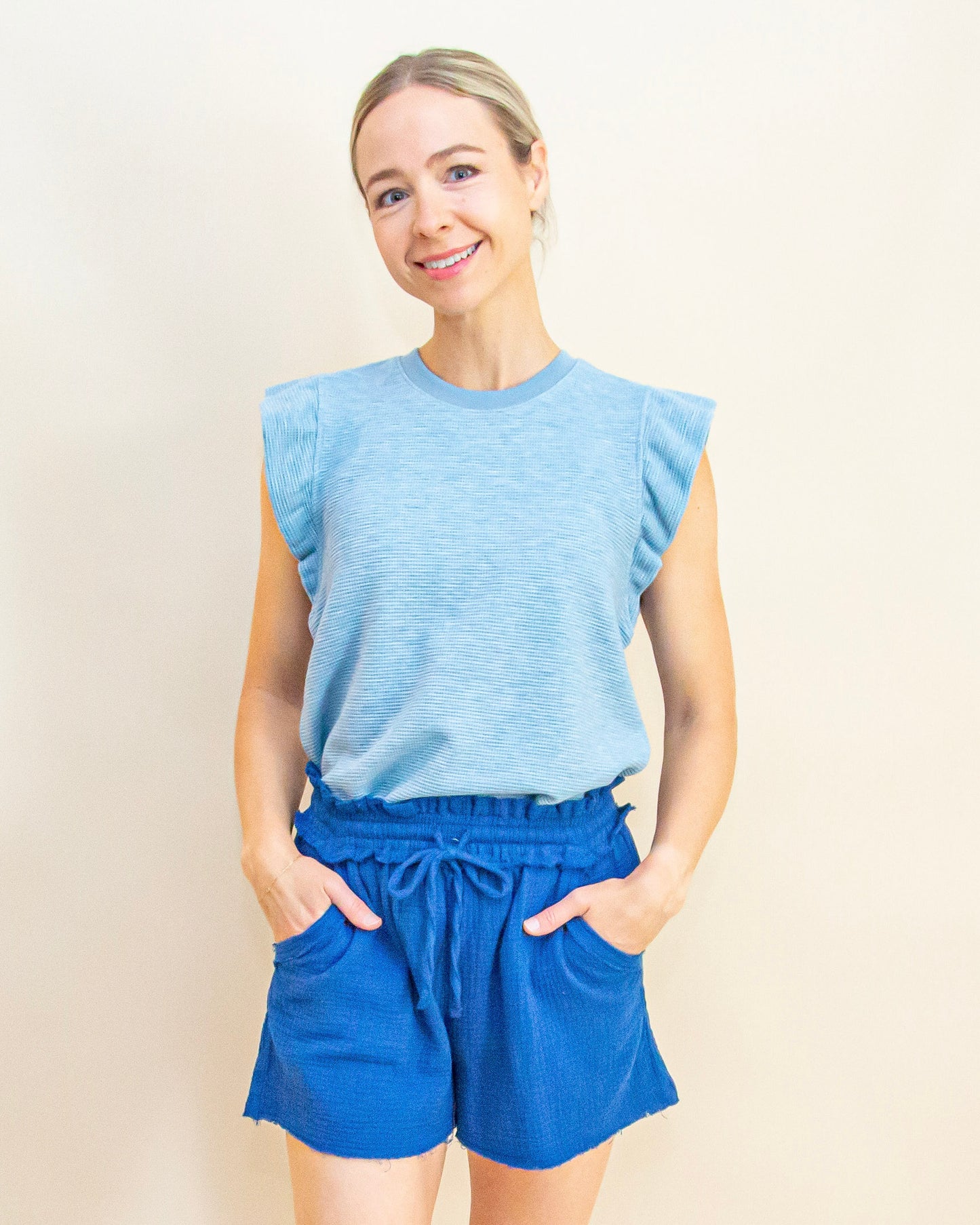 Ruffle & Relax Top in Medium Blue (9015429333243)