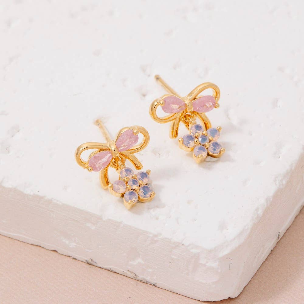 Gold Dipped Cz Bow And Flowers Earrings: G (9090435285243)