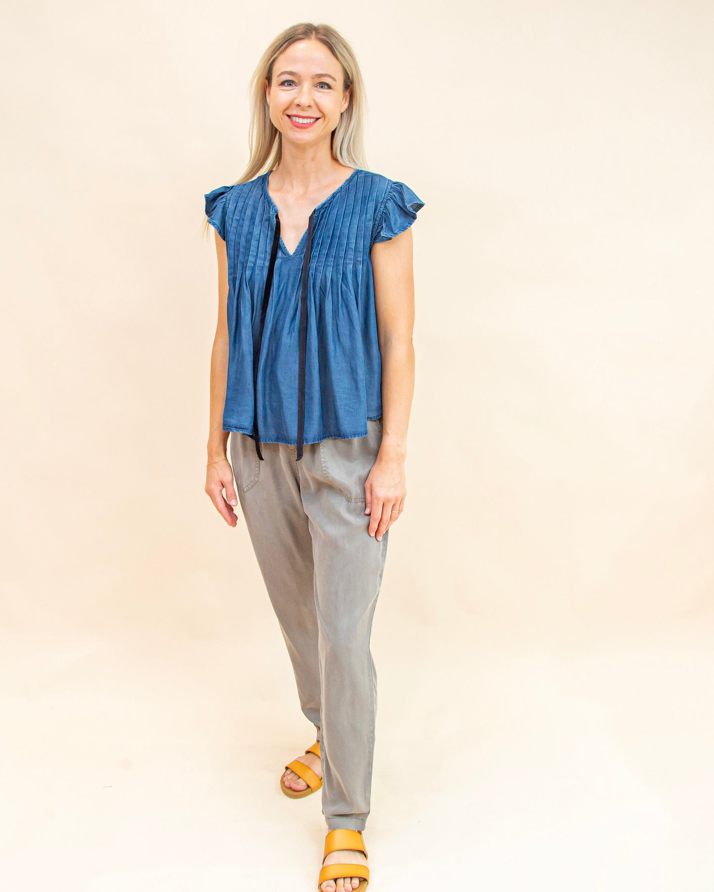 Pleat Me Perfect Top in Dark Chambray (9062125273339)