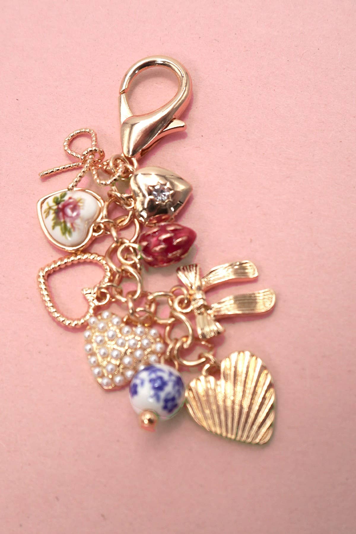 PORCELAIN BOWS HEARTS PEARL STRAWBERRY BAG CHARM | 80K008: Gold (9062068224251)