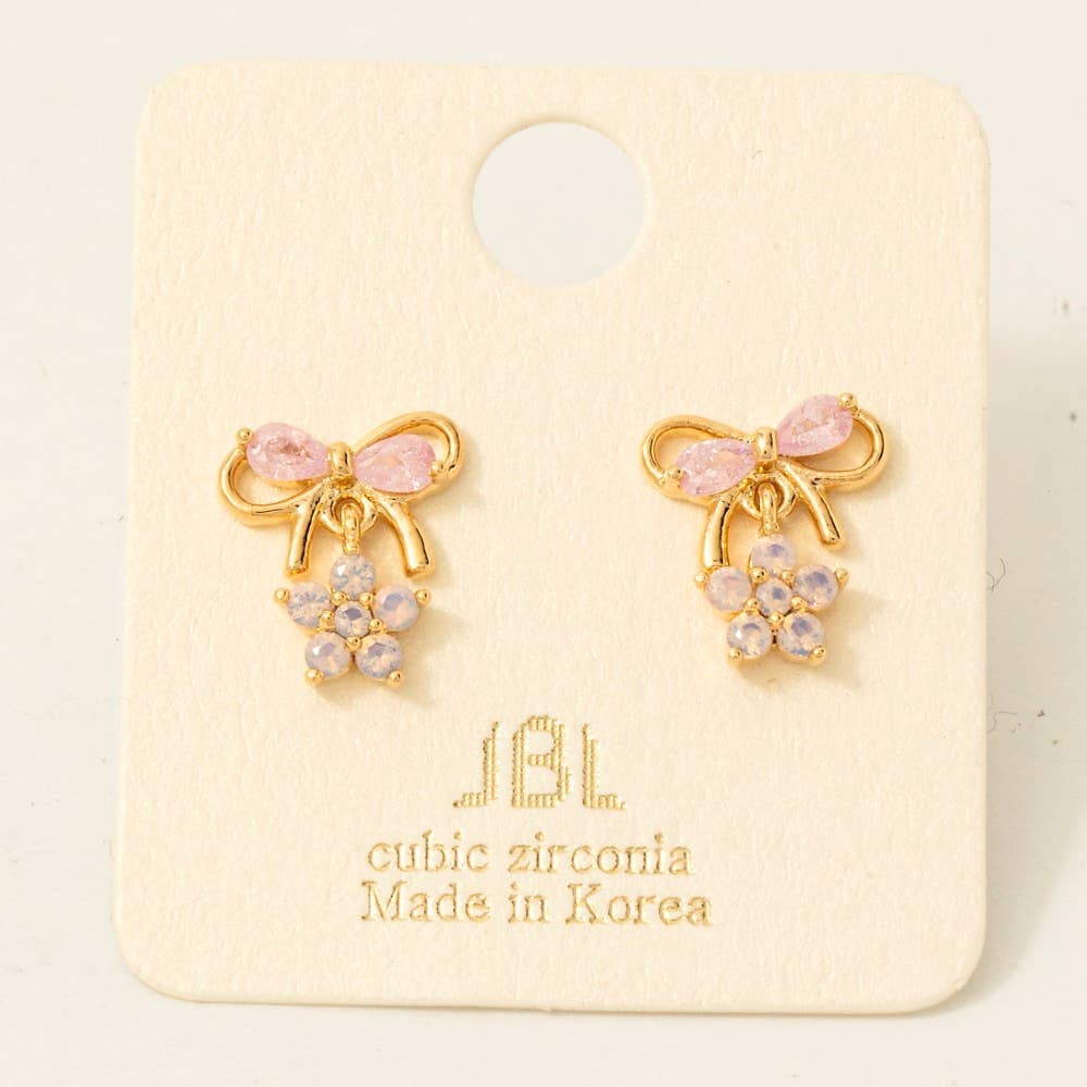 Gold Dipped Cz Bow And Flowers Earrings: G (9090435285243)
