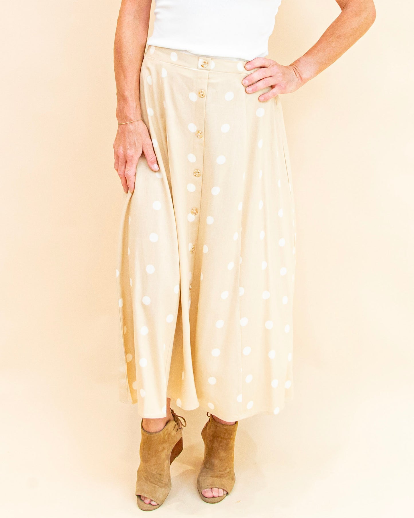 Spotted In Style Midi Skirt in Khaki (9062125601019)