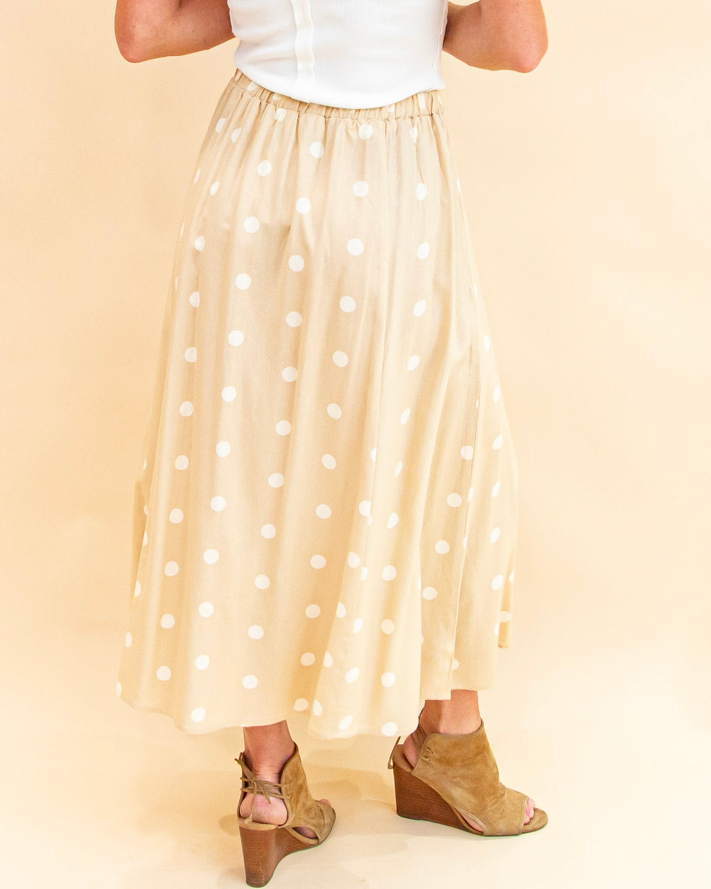 Spotted In Style Midi Skirt in Khaki (9062125601019)