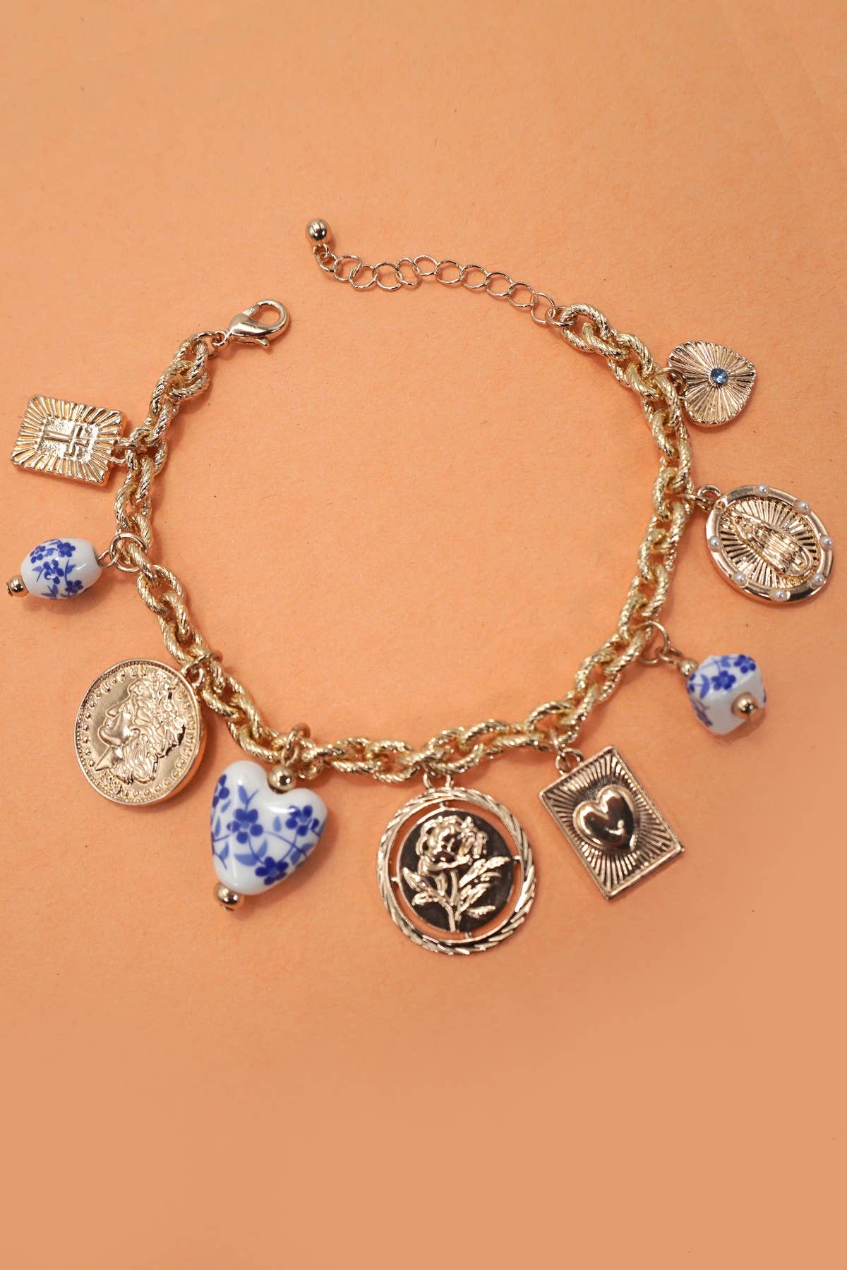 BLUE CERAMIC PORCELAIN COIN CROSS CHARM BRACELET | 80B1341: Gold (9062068289787)