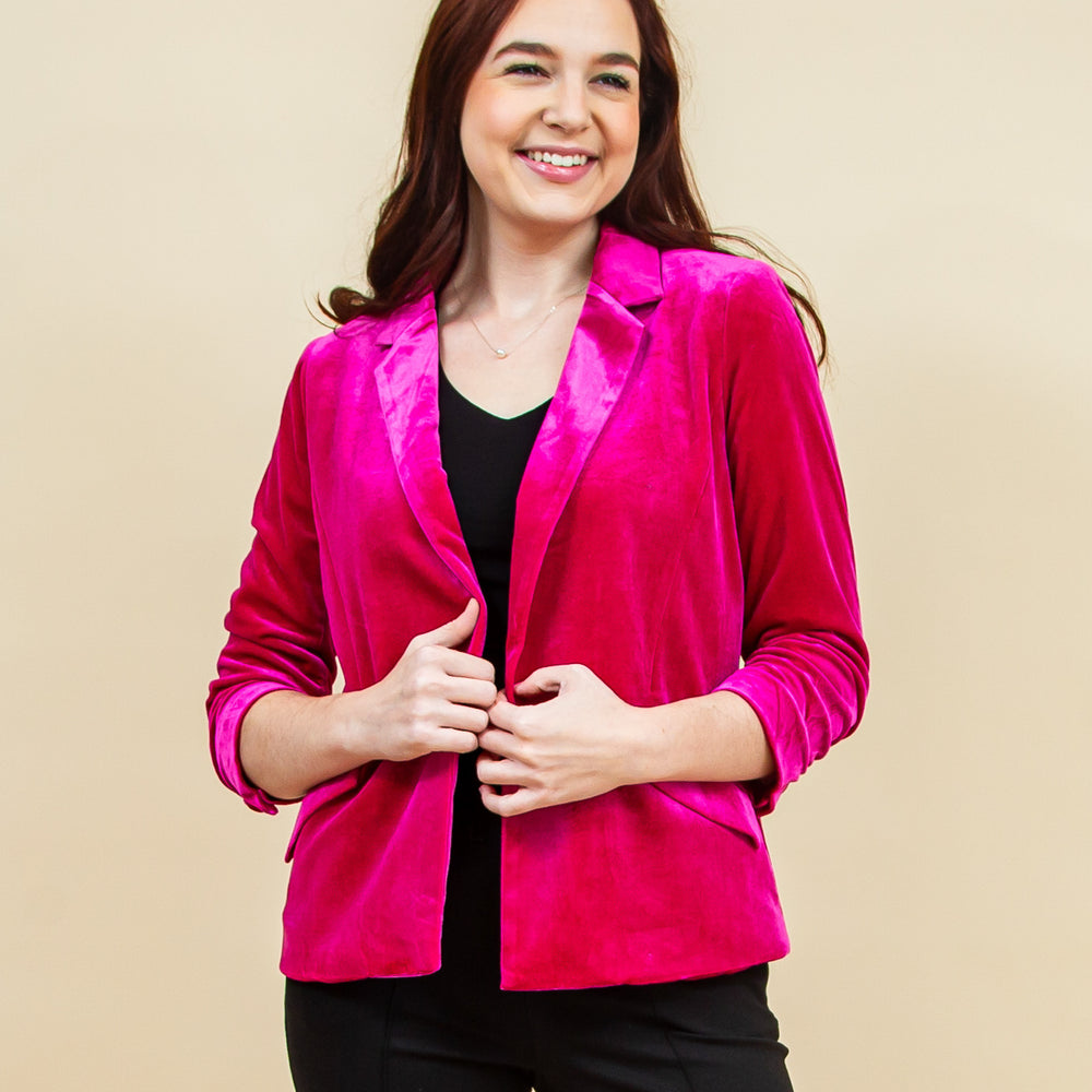 You're So Rare Velvet Blazer in Magenta (6888409989280)