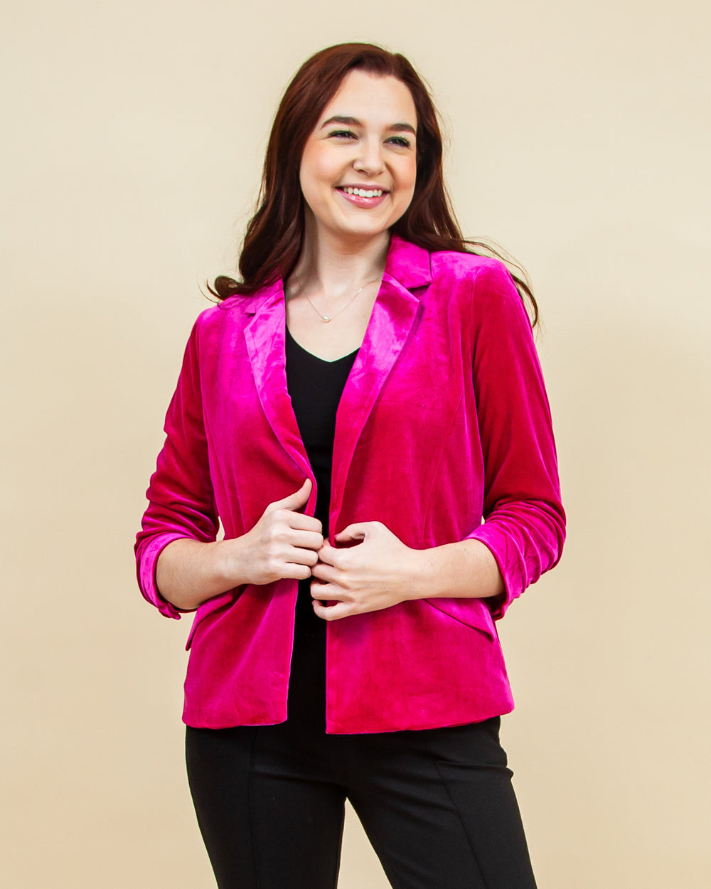 You're So Rare Velvet Blazer in Magenta (6888409989280)