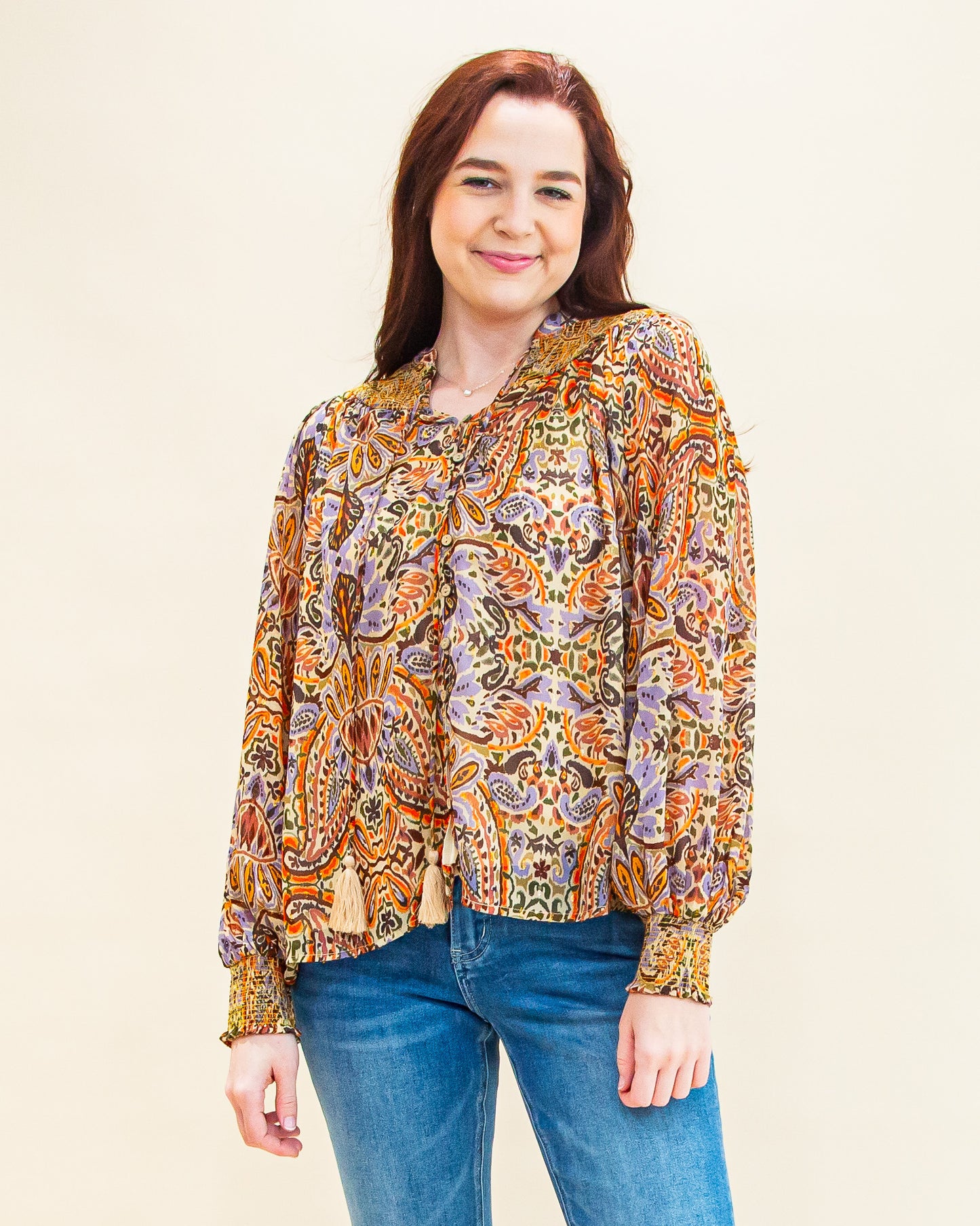 Falling Into Paisley Blouse in Taupe Multi (8770826502395)