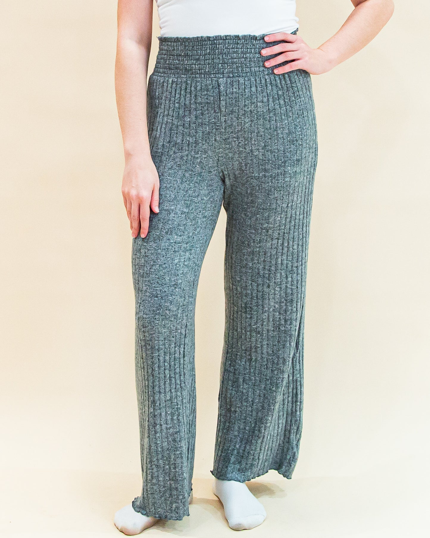 Dawn Smocked Rib Pant in Charcoal Heather (8323558146299)