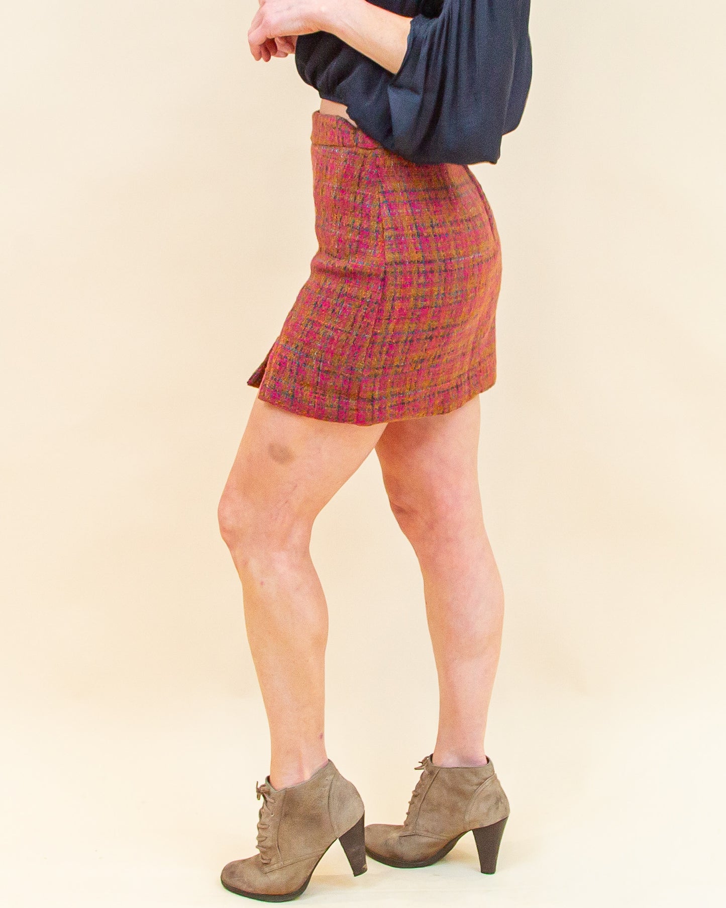 Mulled Spice Tweed Mini Skirt in Plum/Camel (8871723696379)