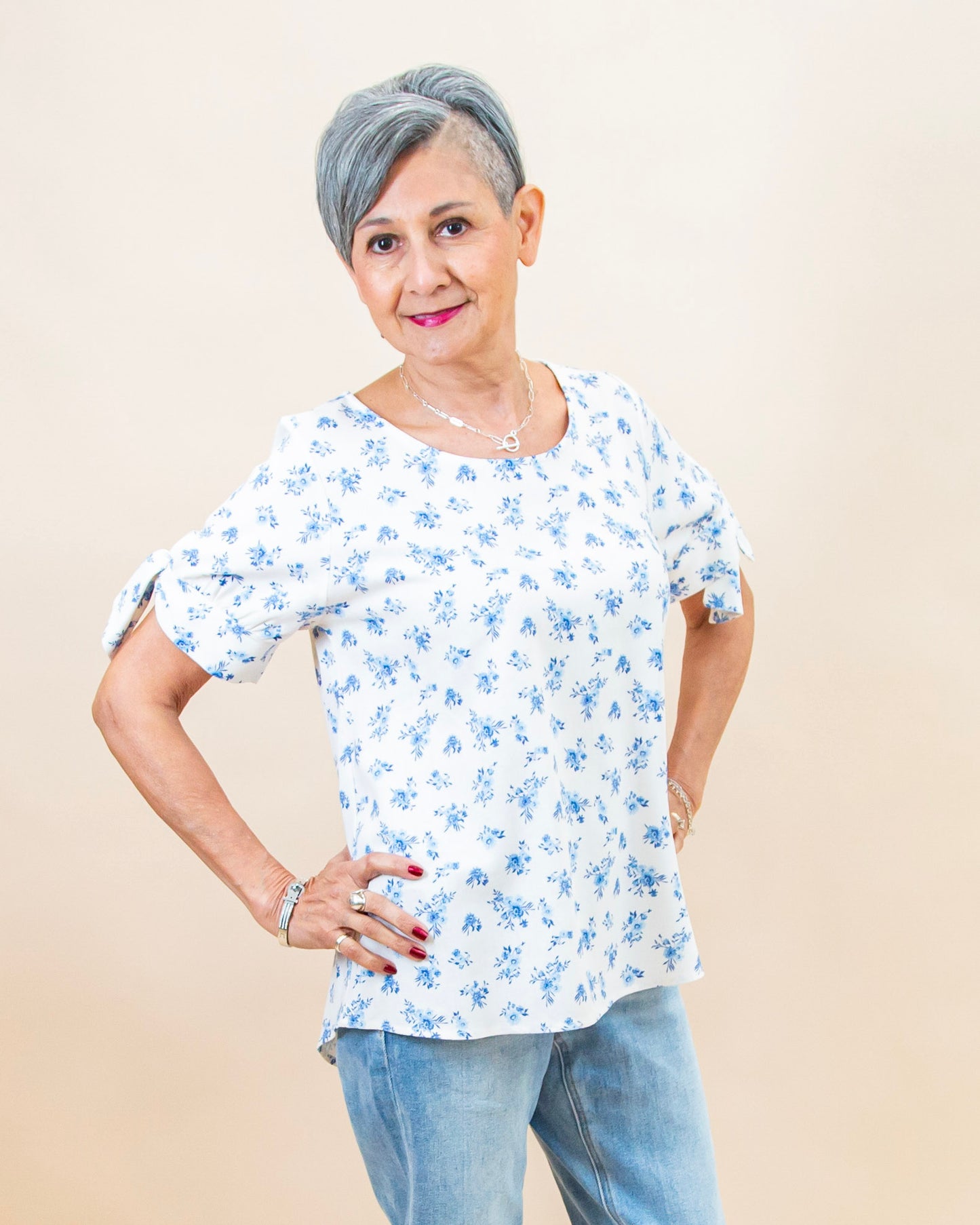 Sweet Ties Print Top in Blue Floral (8992696598779)
