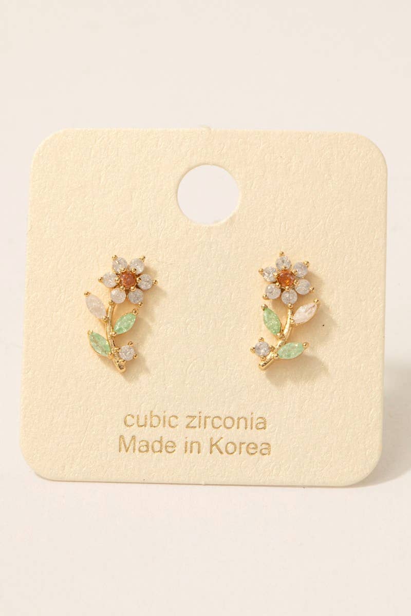 Gold Dipped Cz Flower Stud Earrings: G (9090435776763)
