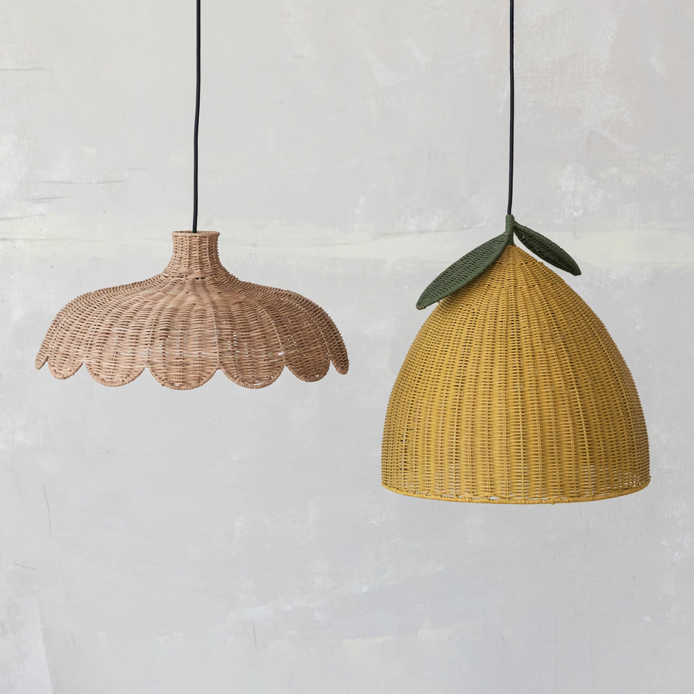 Hand-Woven Rattan Lemon Shaped Pendant Lamp, 5' Fabric Cord (8966035144955)