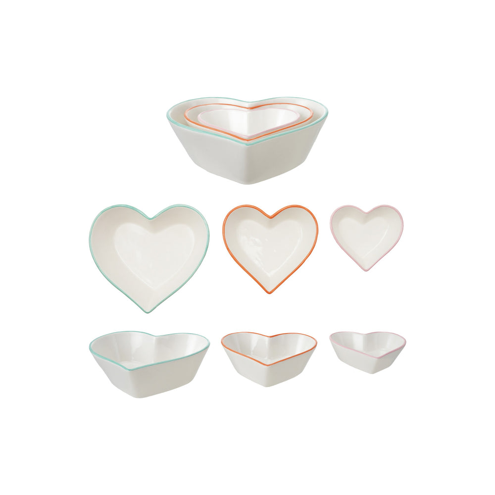 
                  
                    Stoneware Heart Shaped Bowls with Colored Rims, White, Set of 3 (8966035308795)
                  
                