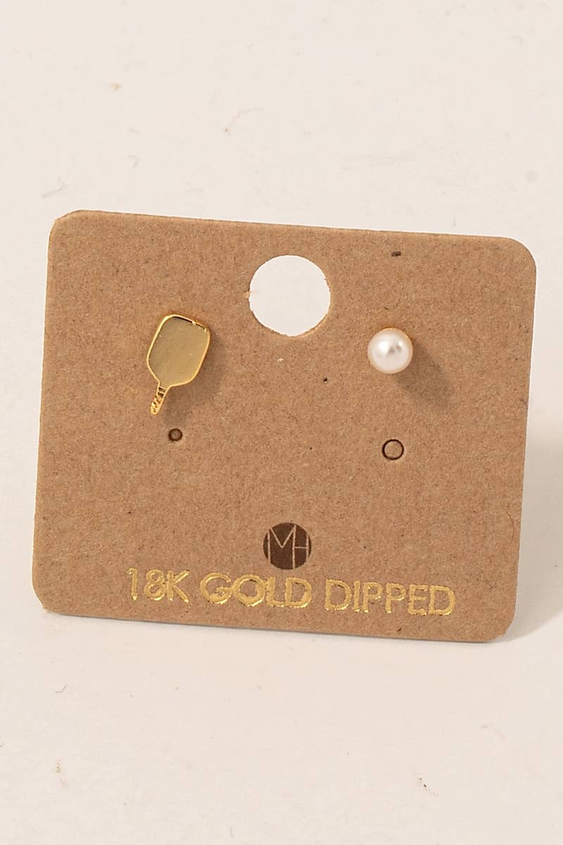 Gold Dipped And Pearl Pickle Ball Stud Earrings: G (9090436301051)