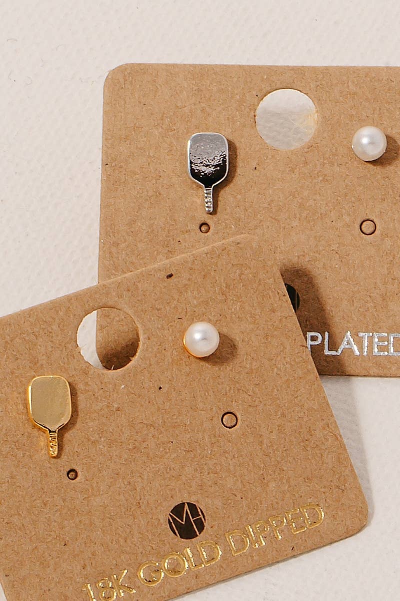 Gold Dipped And Pearl Pickle Ball Stud Earrings: G (9090436301051)