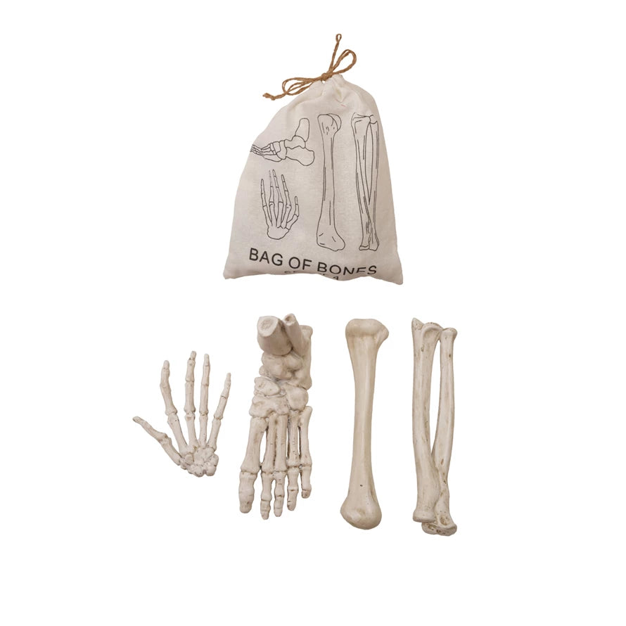 S/4 8"L Resin Bones, White in Printed Drawstring Bag (9085480304891)