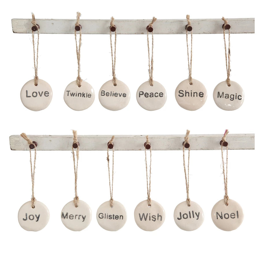 1-3/4" Rnd Stoneware Tag Ornament, Ivory, 12 Styles (9085481812219)
