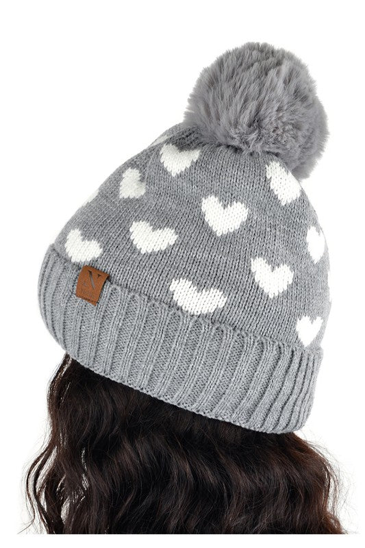 Women's Hearts and Pom Pom Knit Winter Hat (5913822232736)