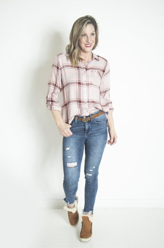 Sweet Nothings Dusty Pink Plaid Button Up (5809273307296)